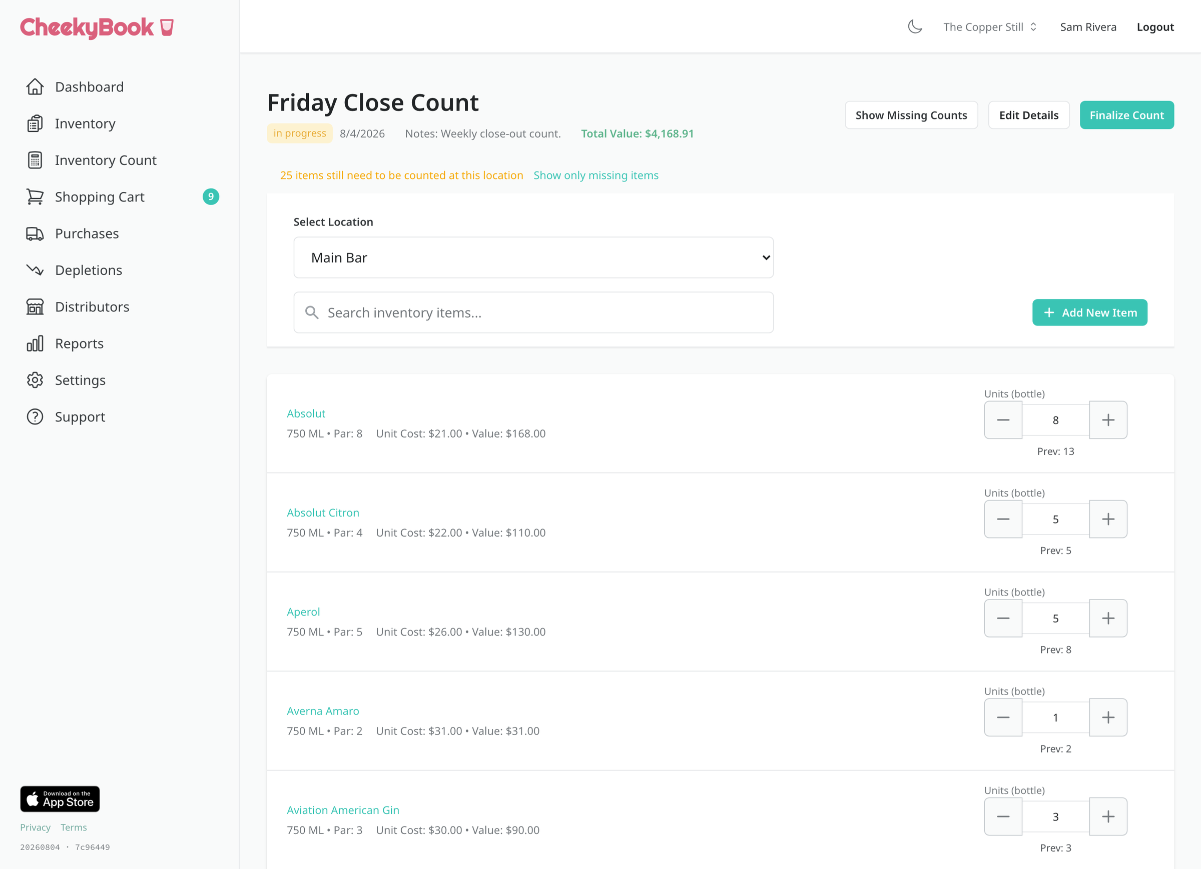 An open inventory count in CheekyBook, listing bottles with quantity steppers and a running value for each line.